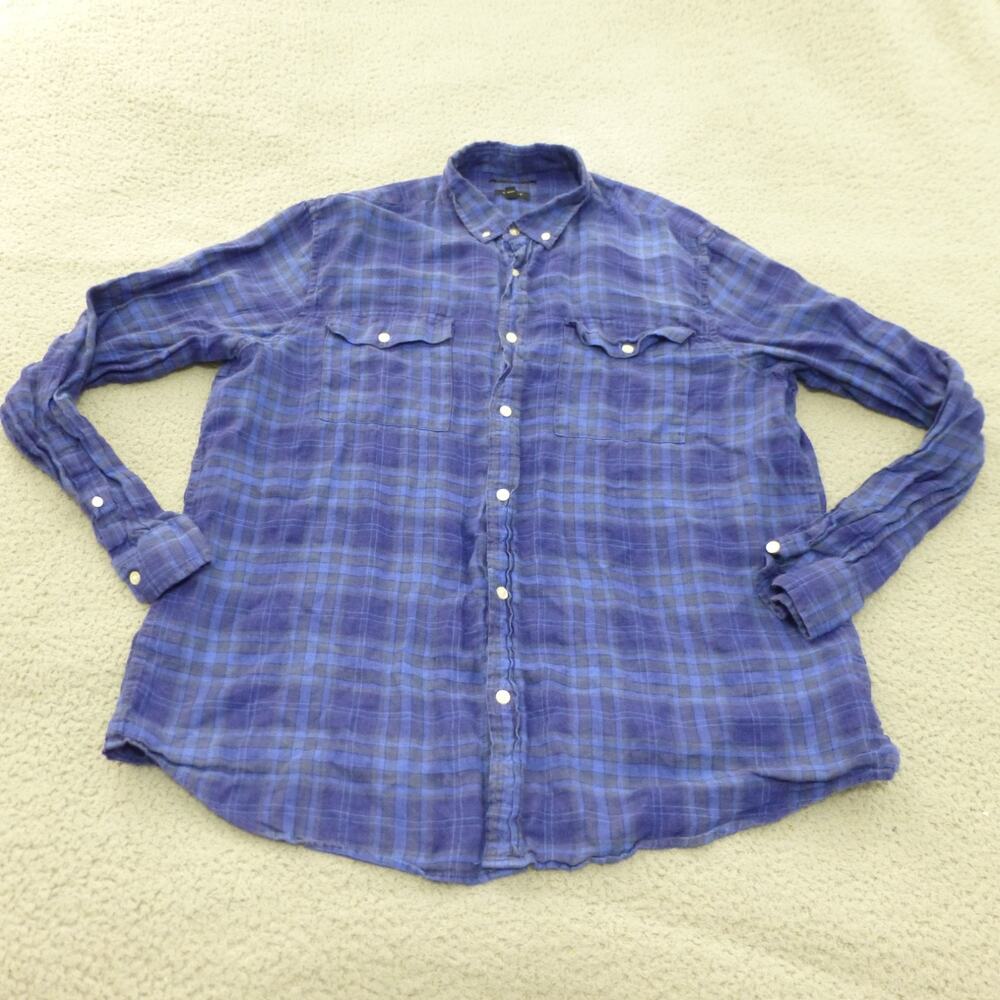 Banana Republic Shirt Mens XXL Slim Linen Plaid Blue Button Up Long Sleeve